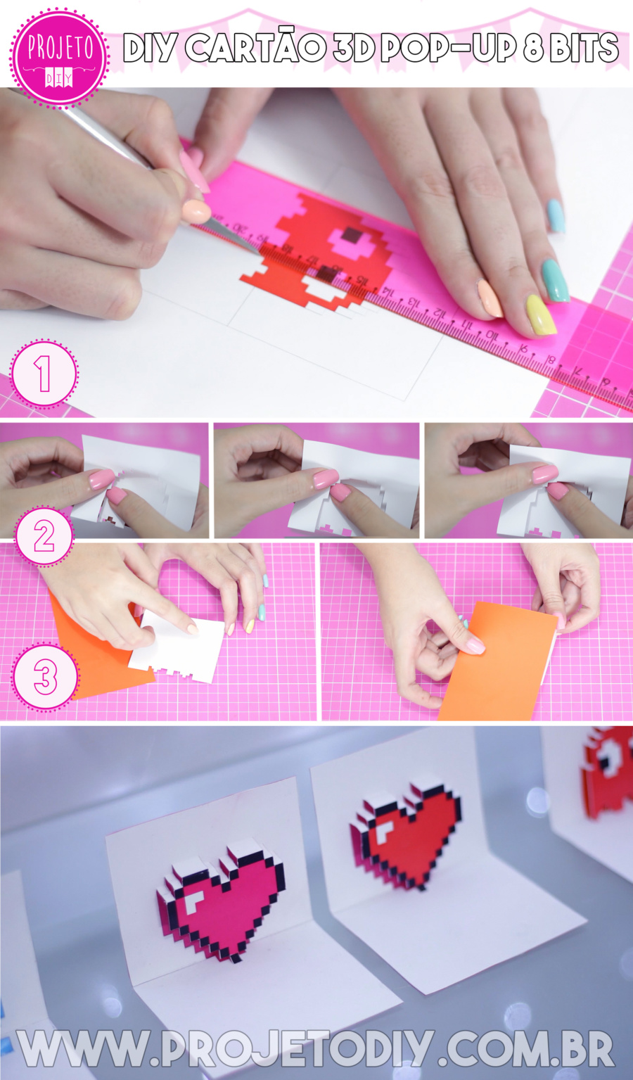 DIY Cartão 3D Pop-Up Coração Pac Man Pixel Art